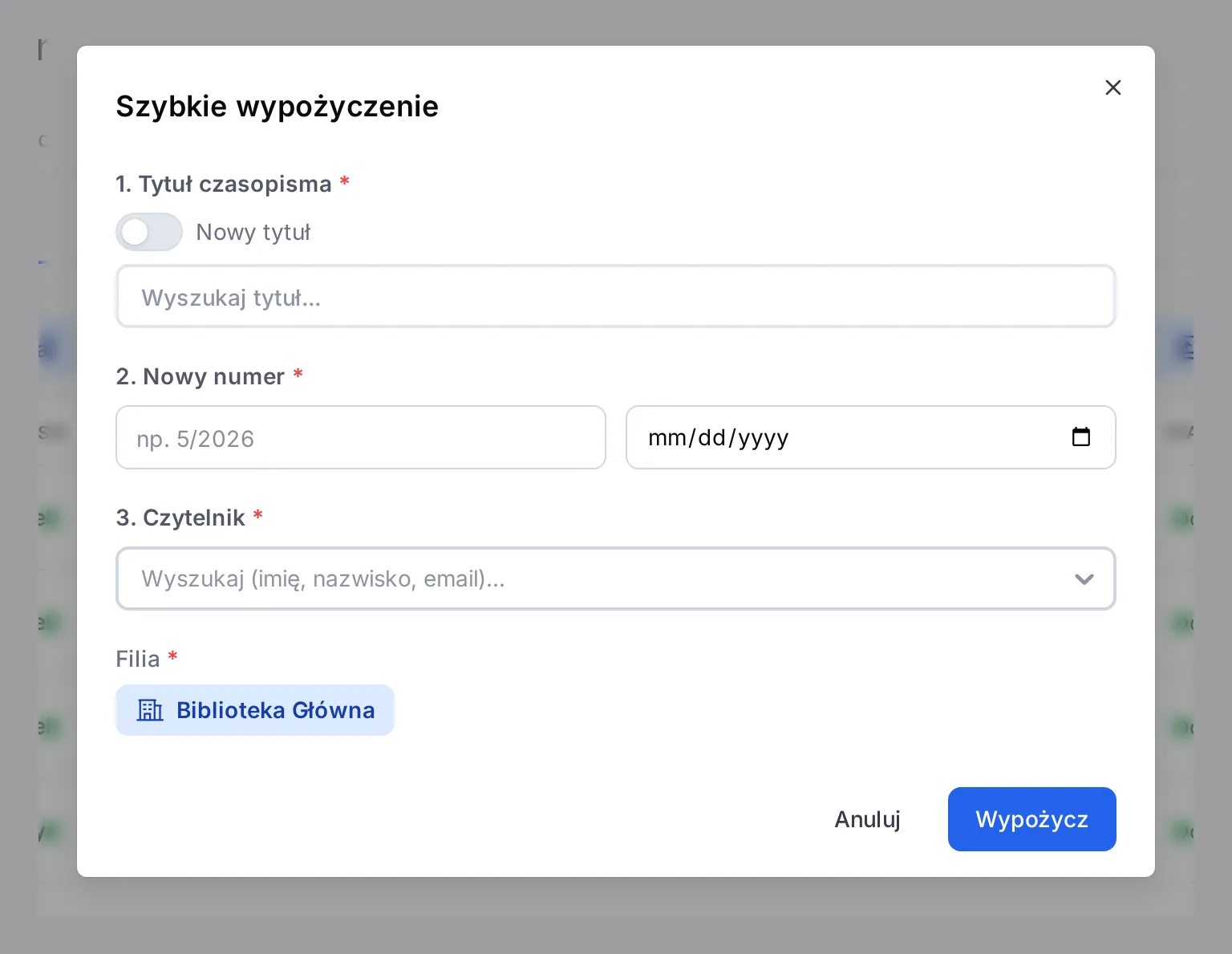 Okno Szybkie wypożyczenie z polami Tytuł czasopisma, Nowy numer, Czytelnik i Filia