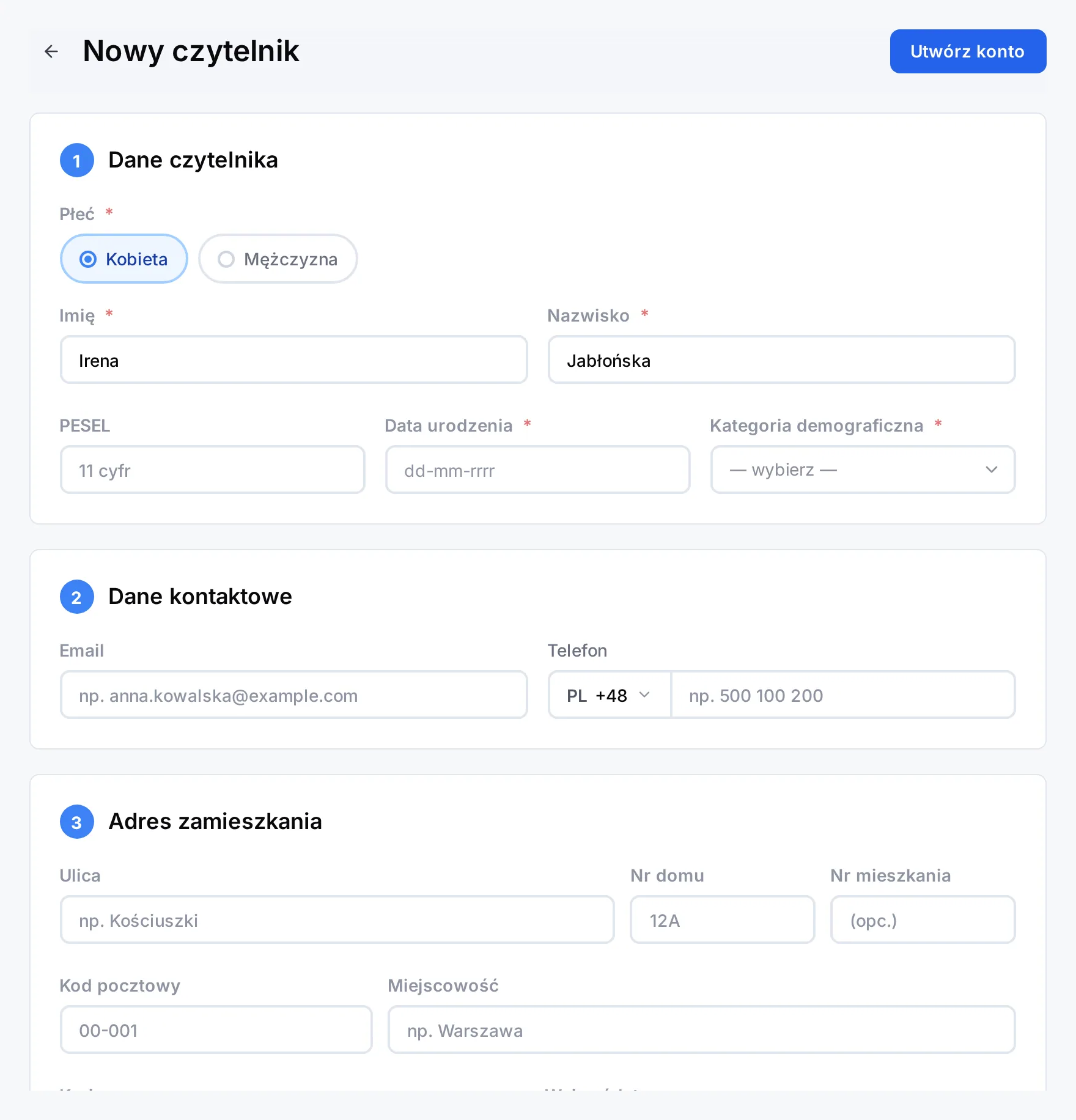 Formularz Nowy czytelnik — sekcje Dane czytelnika, Dane kontaktowe i Adres zamieszkania