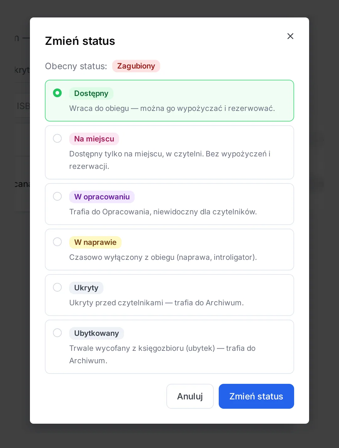 Okno Zmień status dla zagubionego egzemplarza z zaznaczonym statusem Dostępny