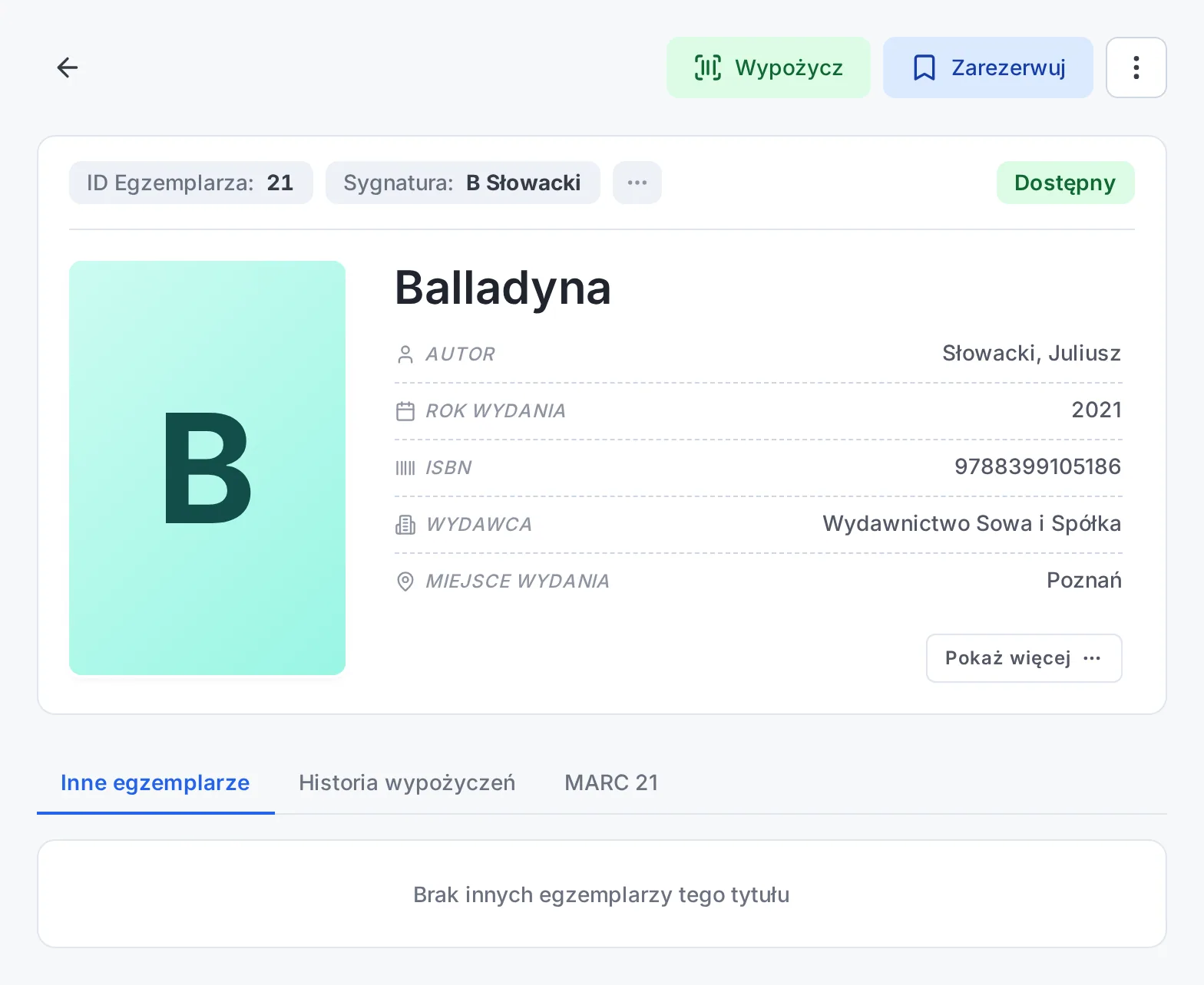 Strona egzemplarza Balladyna ze statusem Dostępny i przyciskami Wypożycz i Zarezerwuj