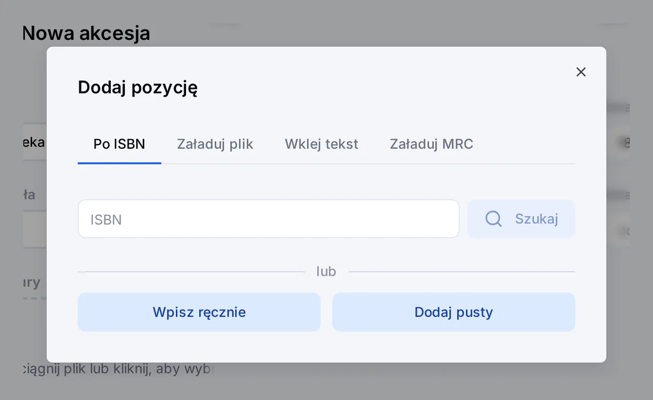 Okno Dodaj pozycję z zakładkami Po ISBN, Załaduj plik, Wklej tekst i Załaduj MRC