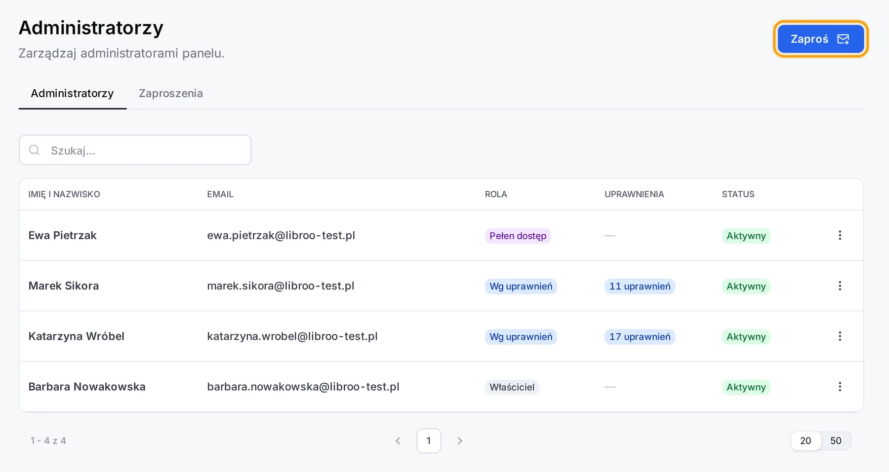 Lista pracowników z kolumnami Imię i nazwisko, Email, Rola, Uprawnienia i Status oraz przyciskiem Zaproś