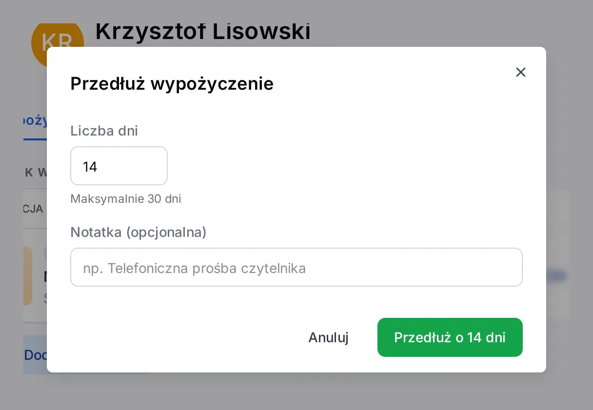 Okno Przedłuż wypożyczenie z polami Liczba dni i Notatka