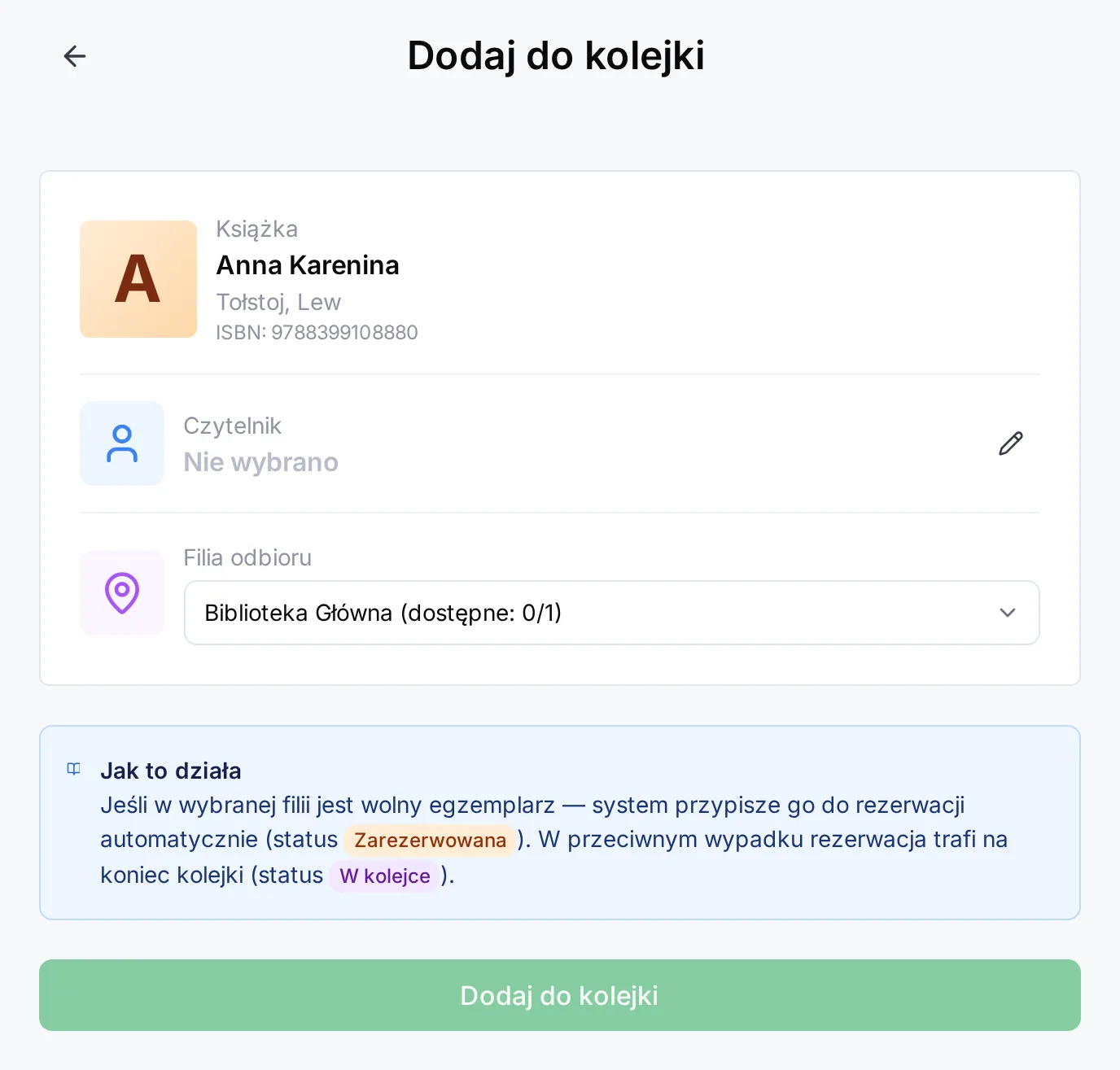 Strona Dodaj do kolejki z polami Książka, Czytelnik i Filia odbioru