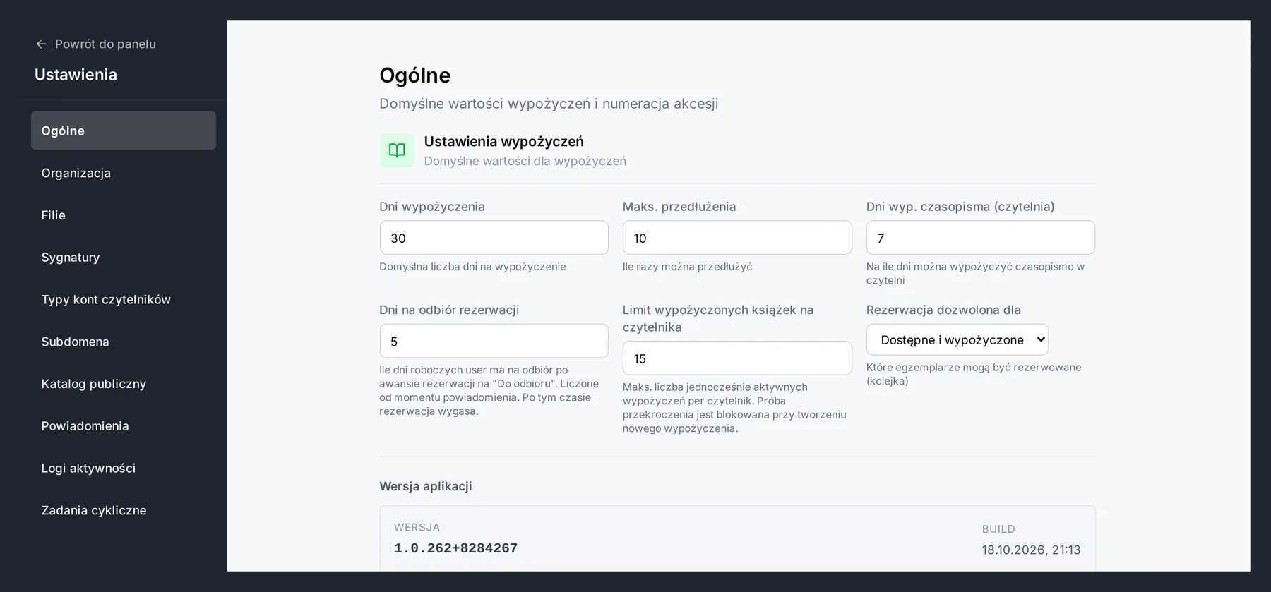 Ustawienia ogólne wypożyczeń: dni wypożyczenia, maksymalne przedłużenia, dni na odbiór rezerwacji, limit książek