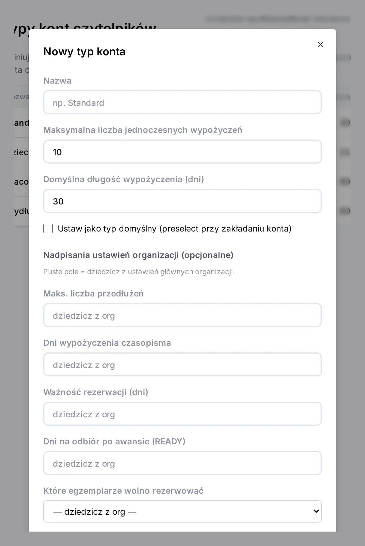 Okno Nowy typ konta z polami Nazwa, Maksymalna liczba wypożyczeń, Domyślna długość wypożyczenia