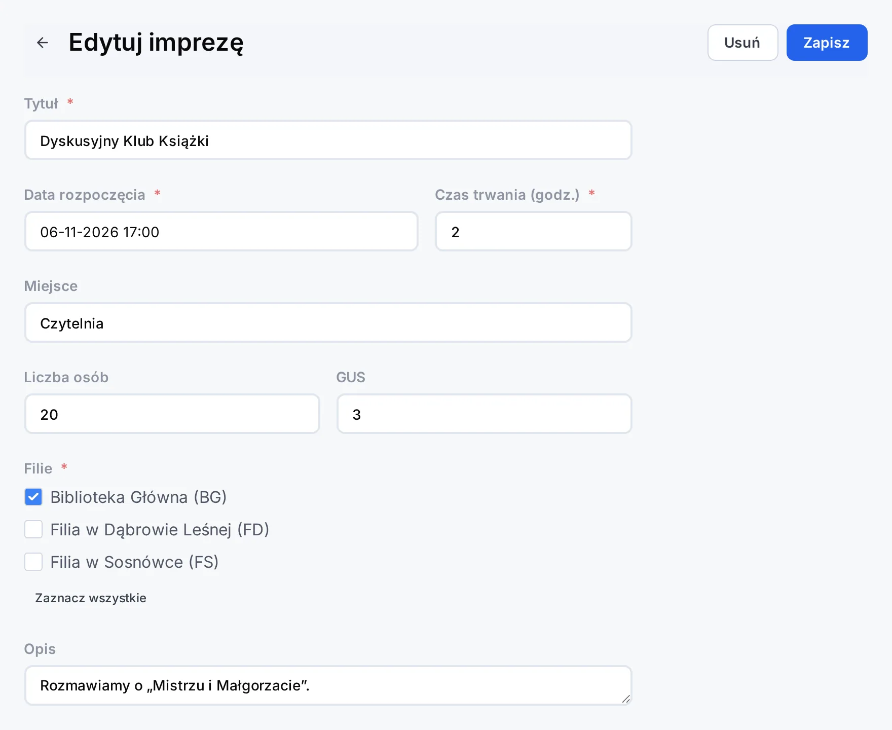 Formularz wydarzenia z polami Tytuł, Data rozpoczęcia, Czas trwania, Miejsce, Liczba osób, GUS, Filie i Opis