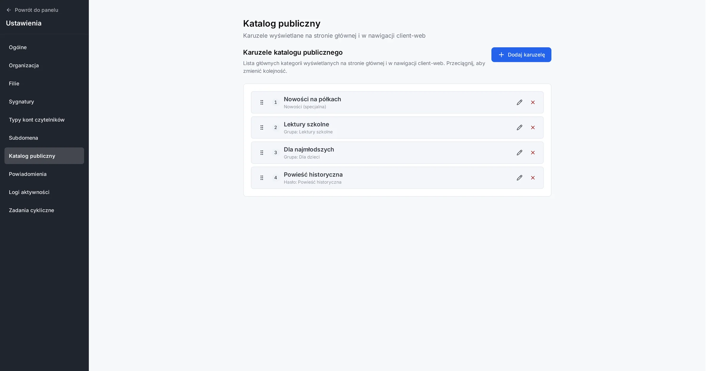 Ustawienia katalogu publicznego w panelu Libroo — lista karuzel z możliwością zmiany kolejności